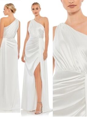 NWT Mac Duggal One Shoulder Draped Dress Satin Maxi Long Formal Gown White